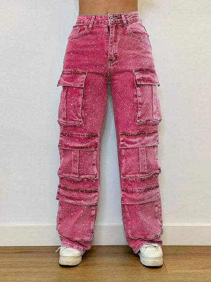 High Waist Cargo Denim Jeans With Full Rhinestones Sparkling Casual Baggy Pants Streetwear Chic Daily Trousers