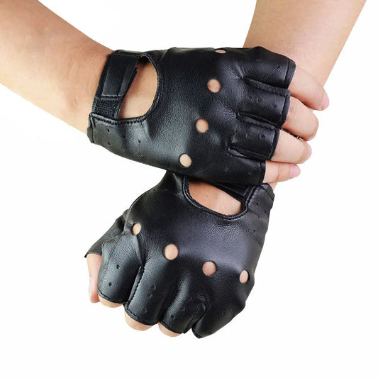 Unisex Black Leather Fingerless Gloves Solid Half Finger Driving Men  Punk Gloves