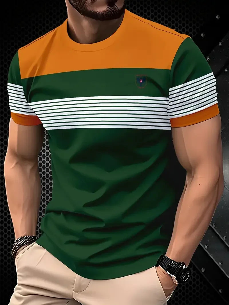 Classic Summer Men's T-shirt Loose Street Stripe Print Short Sleeve Round Neck