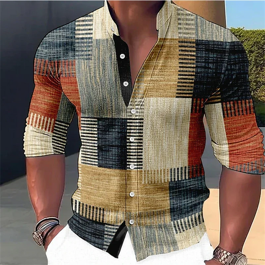 Men's Retro Stitching Shirt Gradient Stand Collar Outdoor Street Long Sleeve Casual