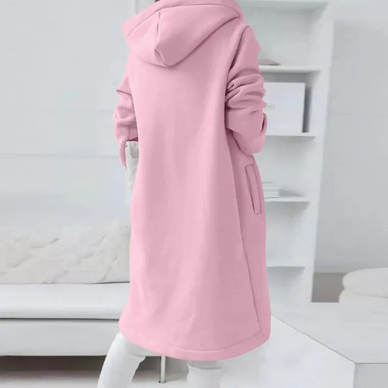 Autumn Women Long Hoodies Coat Zip Up Solid Hooded Casual Pockets Long Jackets
