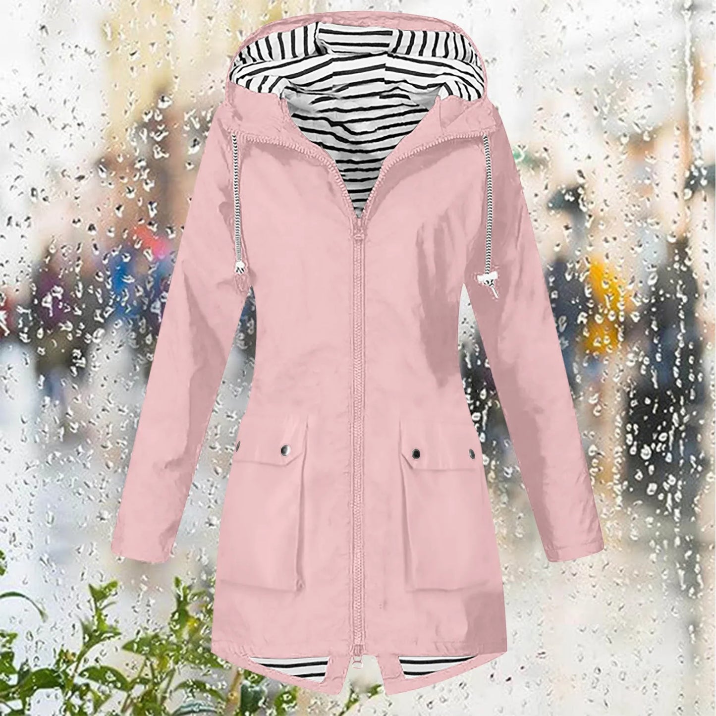 Hooded Lightweight Long Sleeve Windbreaker Zip Up Drawstring Windproof Raincoat Plus Size Long Coat Outdoor