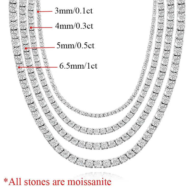 OEVAS 3MM/4MM/5MM/6.5MM Moissanite Tennis Necklace For Women Top Quality 100% 925 Sterling Silver Sparkling Party Fine Jewelry