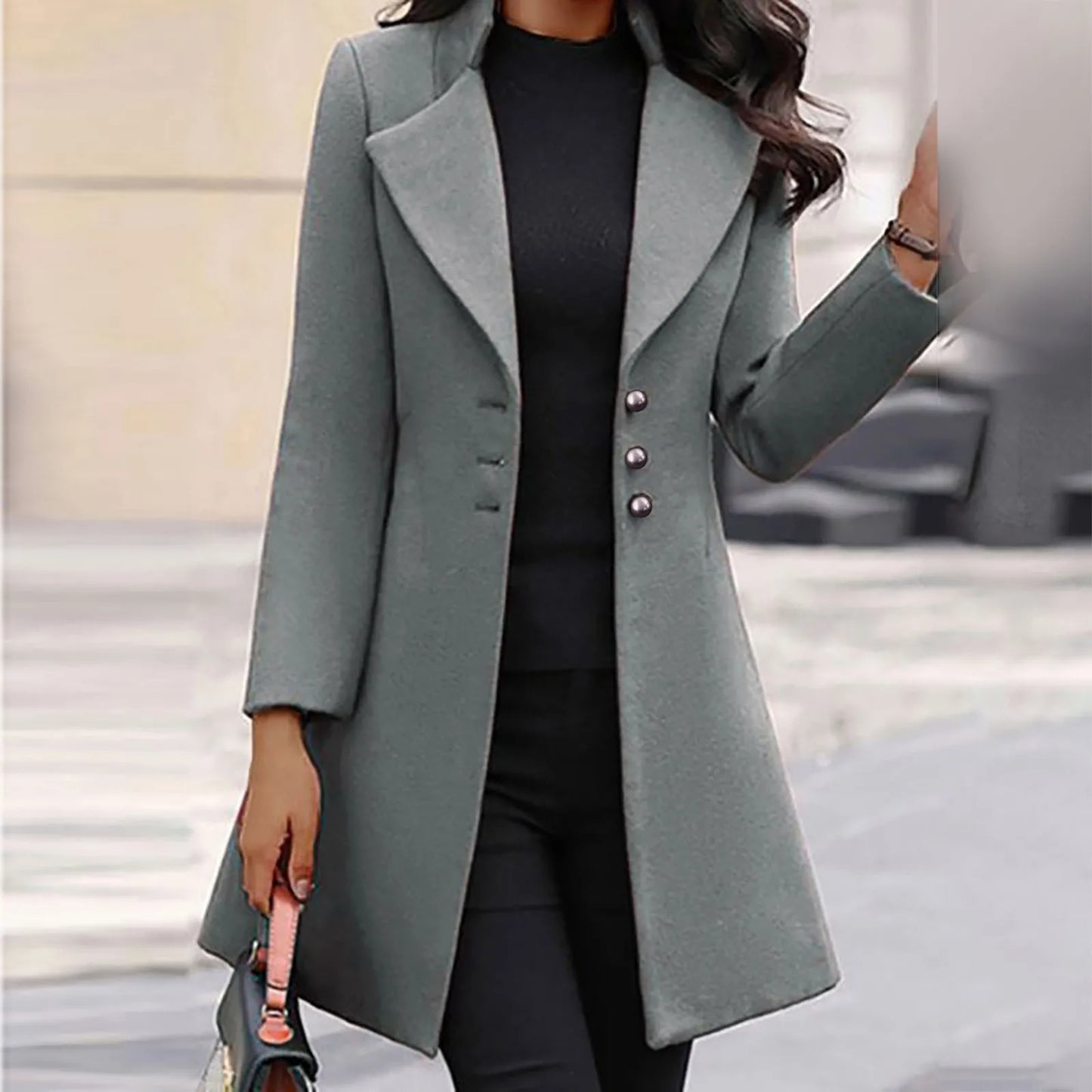 Womens Lapel Trench Coat Winter Wool Blend Mid Long Outwear Fleece Jacket Solid Color Elegant