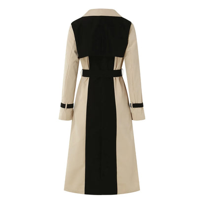 Elegant Long Jacket Women Retro Formal Black Khaki Contrast Notched Collar Windbreaker Coat