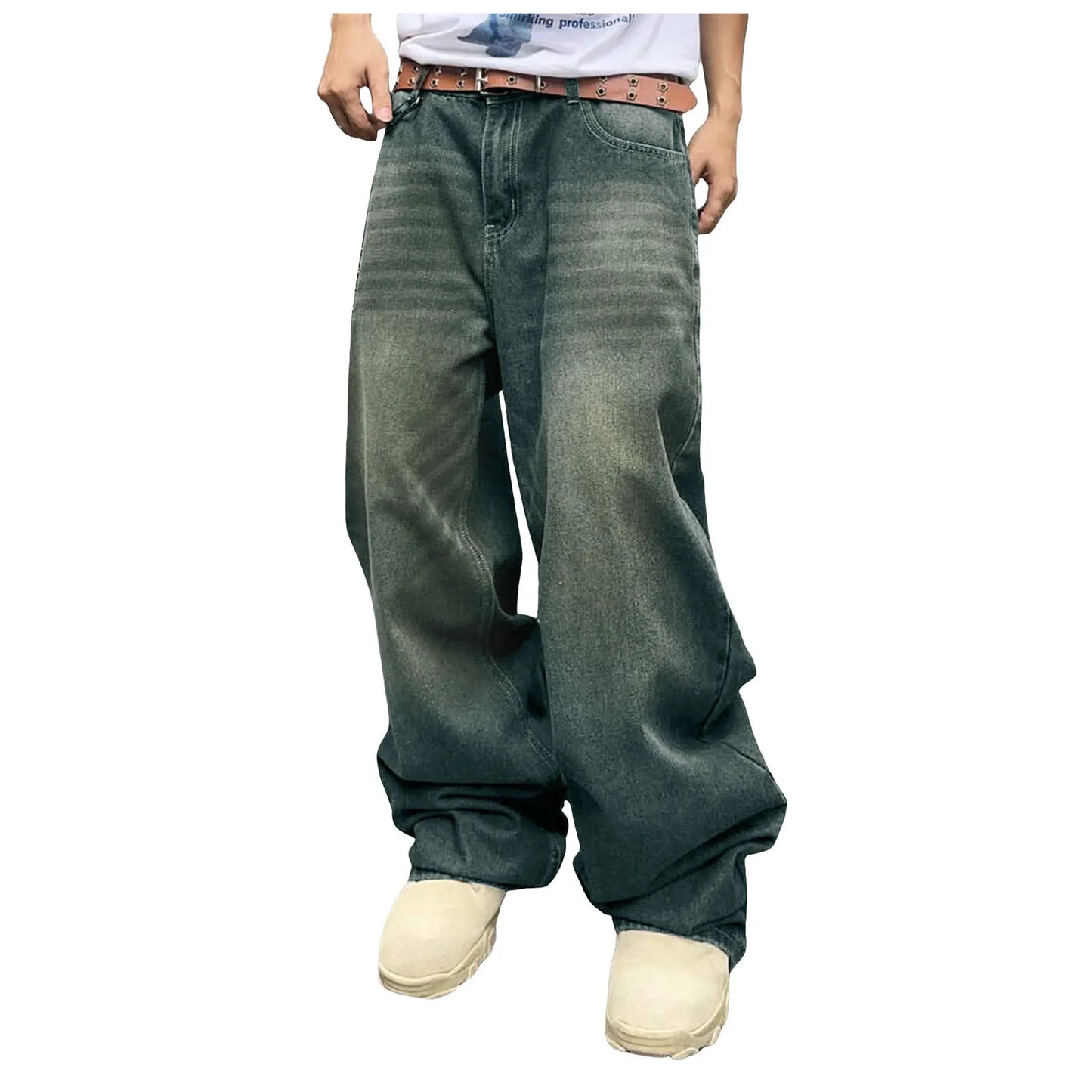 Men'S Baggy Hip Hop Jeans Wide Leg Skater Denim Pants Casual Loose Fit Long Trousers