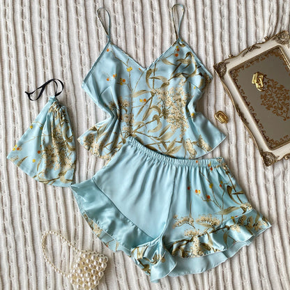 Elegant Floral Print Cami Tops   Ruffle Hem Shorts Pajama Set  Women's Sleepwear