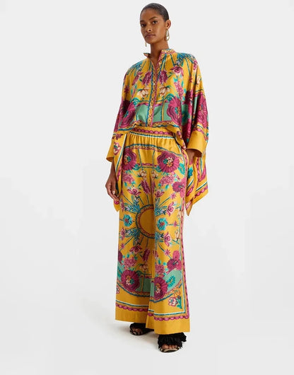 Vintage Print Pants Sets Women Irregular Loose Long Sleeve Shirt Wide Leg Trousers Two Piece Set Female Fashion Trend Streetwear