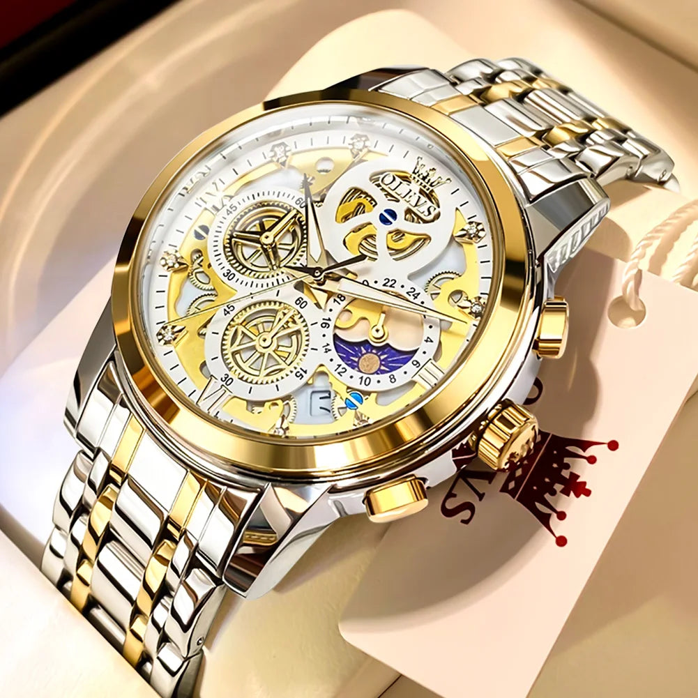 Top Brand Luxury Original Waterproof Quartz Watch for Man Gold Skeleton Style 24 Hour Day Night New