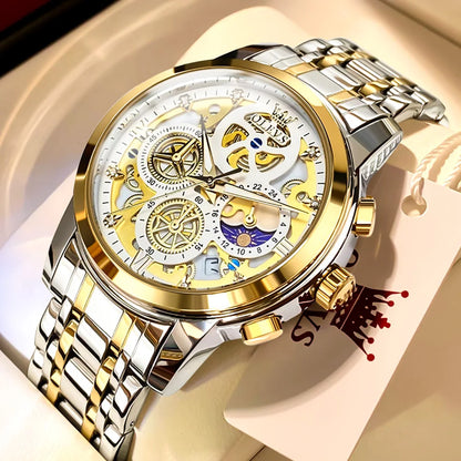 Top Brand Luxury Original Waterproof Quartz Watch for Man Gold Skeleton Style 24 Hour Day Night New