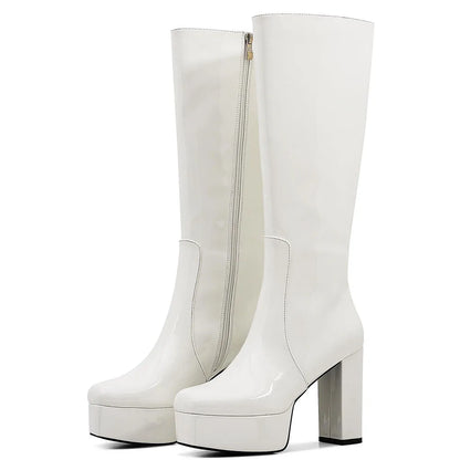 Chunky Heel Platform Women's Knee High Boots Comfortable Side Zipper WHITE / 10 / United States WHITE / 9 / United States 
