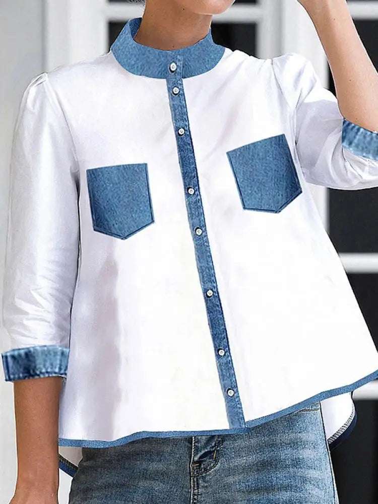 Yeezzi 2024 New Women Fashion Fake Pockets Patchwork Blouses Spring Summer High-Low Buttoned Mock Neck Casual Shirts Tops WHITE / L WHITE / M WHITE / XXL WHITE / L-WHITE / M-WHITE / XXL-WHITE / XL-WHITE / S-