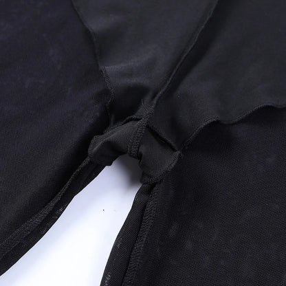 Goth Dark Gothic Flare Pants Grunge See Through Mesh High Waist Women