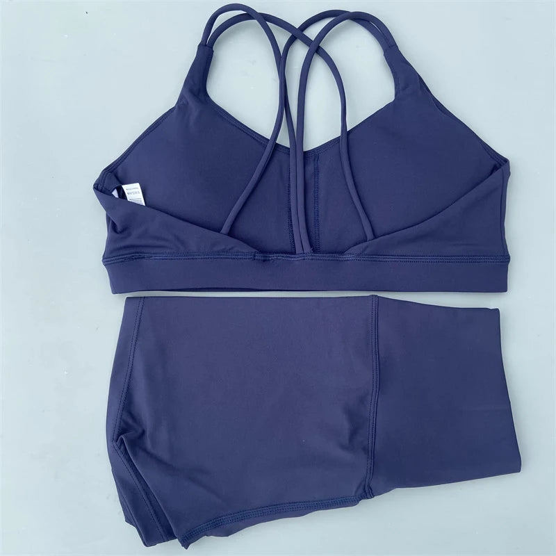 Solid Color Gym Bike Yoga Set Short Legging +Cross Sport Bra Tracksuit Athletic Women Gym Suit Comprehensive Training Jogging