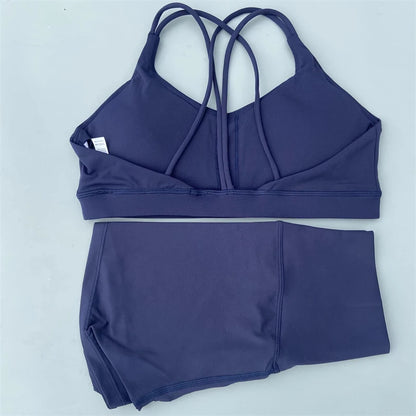 Solid Color Gym Bike Yoga Set Short Legging +Cross Sport Bra Tracksuit Athletic Women Gym Suit Comprehensive Training Jogging