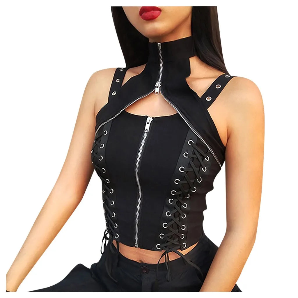 Lace Up Bandage Cropped TopCamisole Gothic Vest T-Shirt Hollow Out Zipper