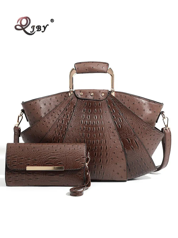 Large Capacity Leather Purse Metal Top Handle Handbags Crossbody Large Tote Bag