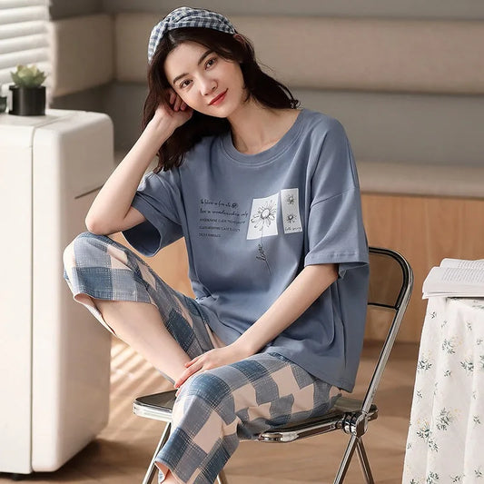 Half-Sleeve Seven-Quarter Trousers Student Nightwear Set Round Neck Cartoon Ladies Pajamas Loungewear