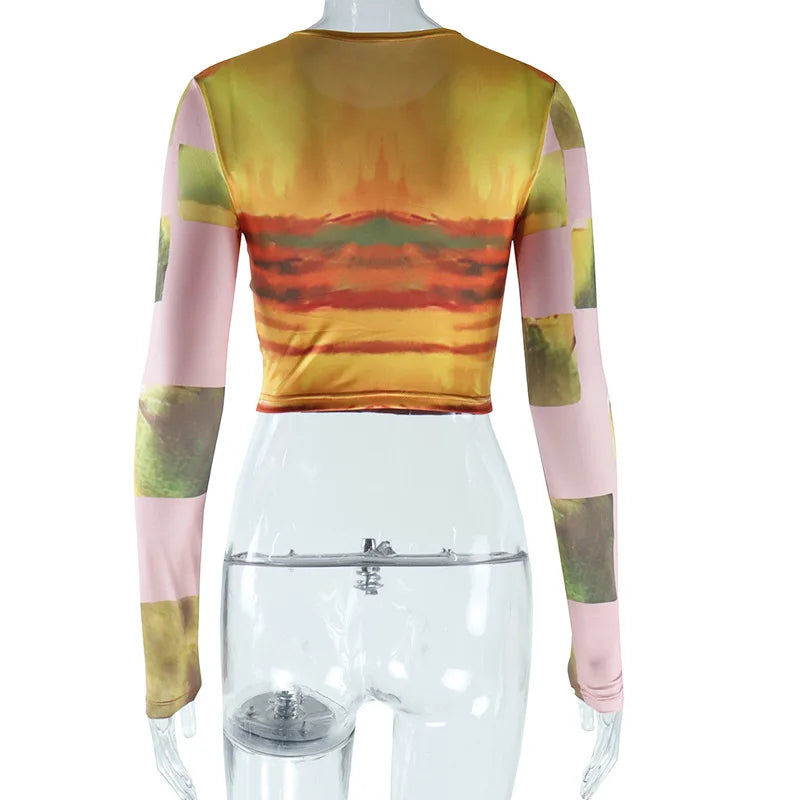 Colorful Tie Dye Print Long Sleeve Crop Top Tee T-shirt Steetwear