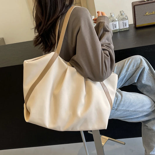 Women Work Tote Handbag Large Capacity Canvas Shopping Handheld Bag Contrast Color Simple Shoulder Bag Daily Bag for Female