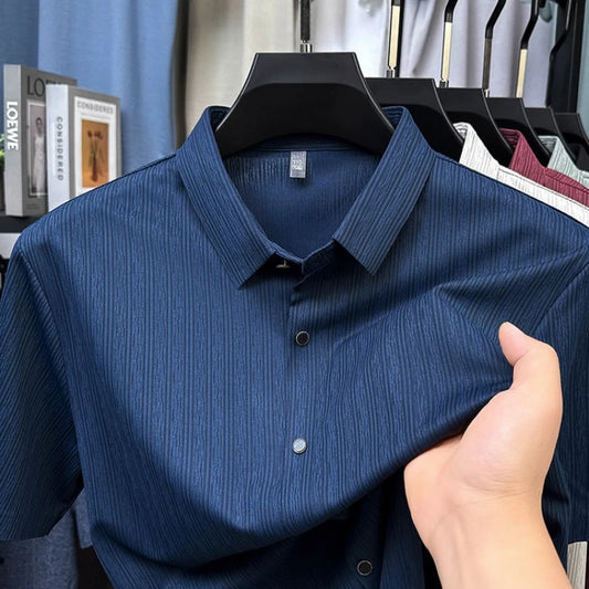 Men's Slim Fit Short Sleeve Dress Shirt Premium Spandex Stretch Fabric Solid Colors Business Casual