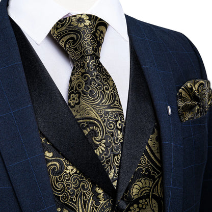 Men's Paisley Silk Suit Vest with Macthing Golden Paisley Neck Tie Handkerchief Cufflinks Wedding Prom Tuxedo Waistcoat