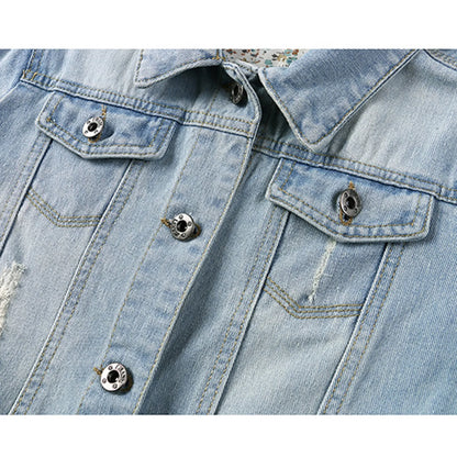 Women Cropped Coats 3/4 Sleeve Retro Short Denim Jackets Light Blue Jeans Coat