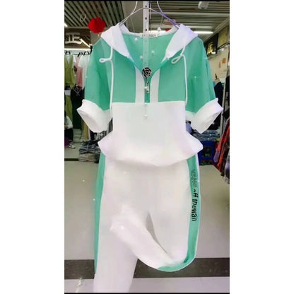 Women's Fashion Tracksuit Casual Suit Short Sleeve Hooded Top Pants Two Piece Set For Women