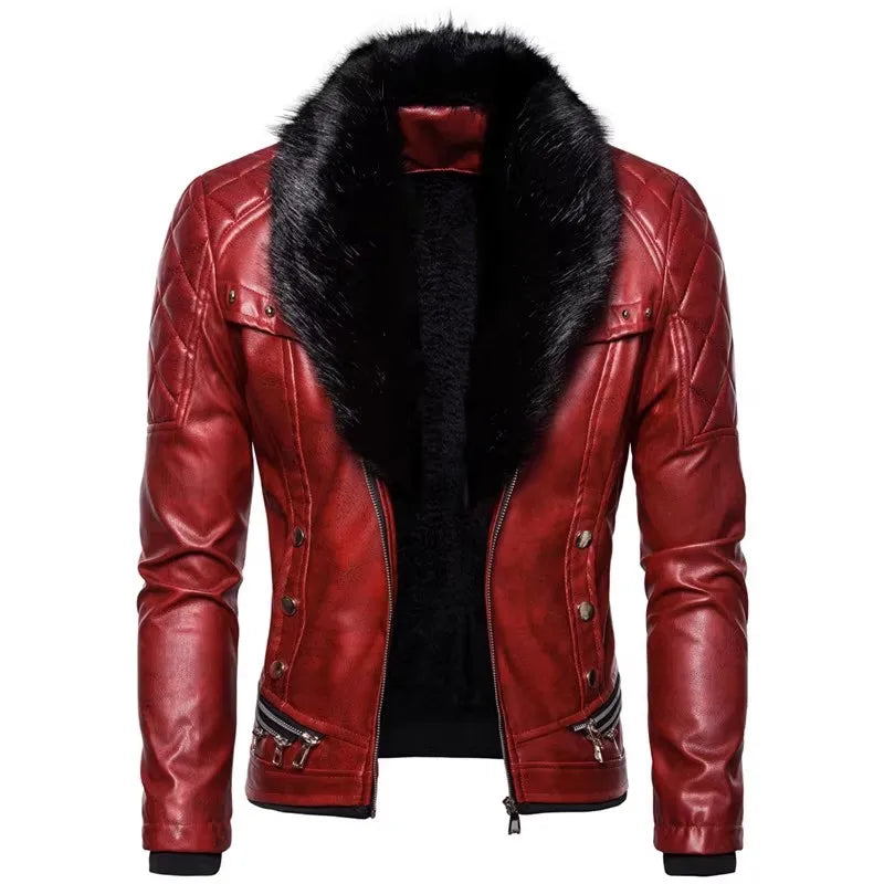 Winter Fleece Motorcycle Leather Jacket Men Turn Down Fur Collar Slim Fit Warm PU Bomber Jacket