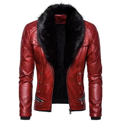 Winter Fleece Motorcycle Leather Jacket Men Turn Down Fur Collar Slim Fit Warm PU Bomber Jacket