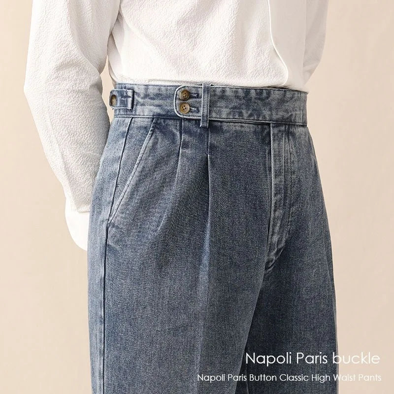 Men Naples Jeans British Styles Waist Buckle Casual Denim Pants