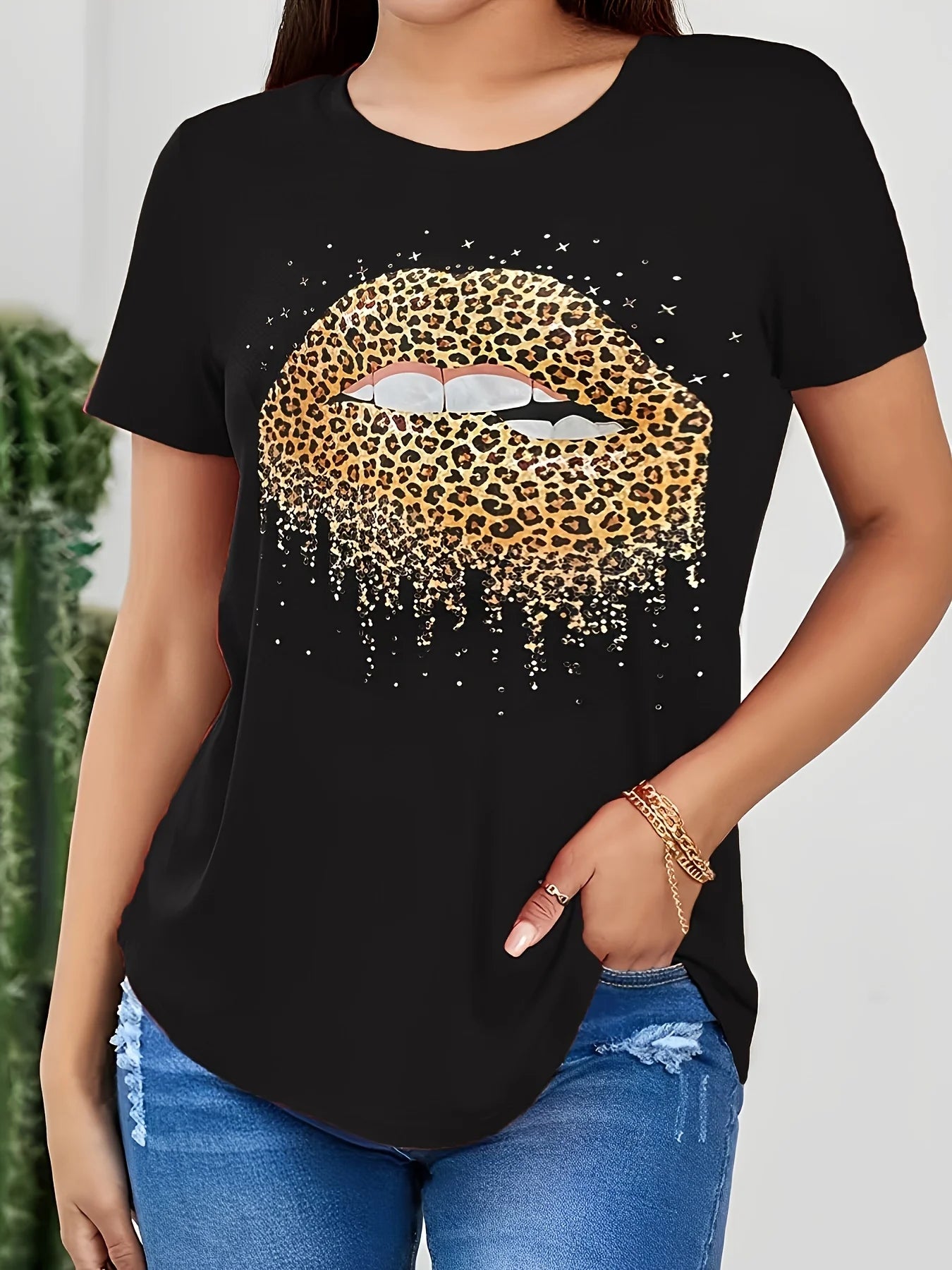 Creative Leopard Lips Print Large Size Women's T-shirt