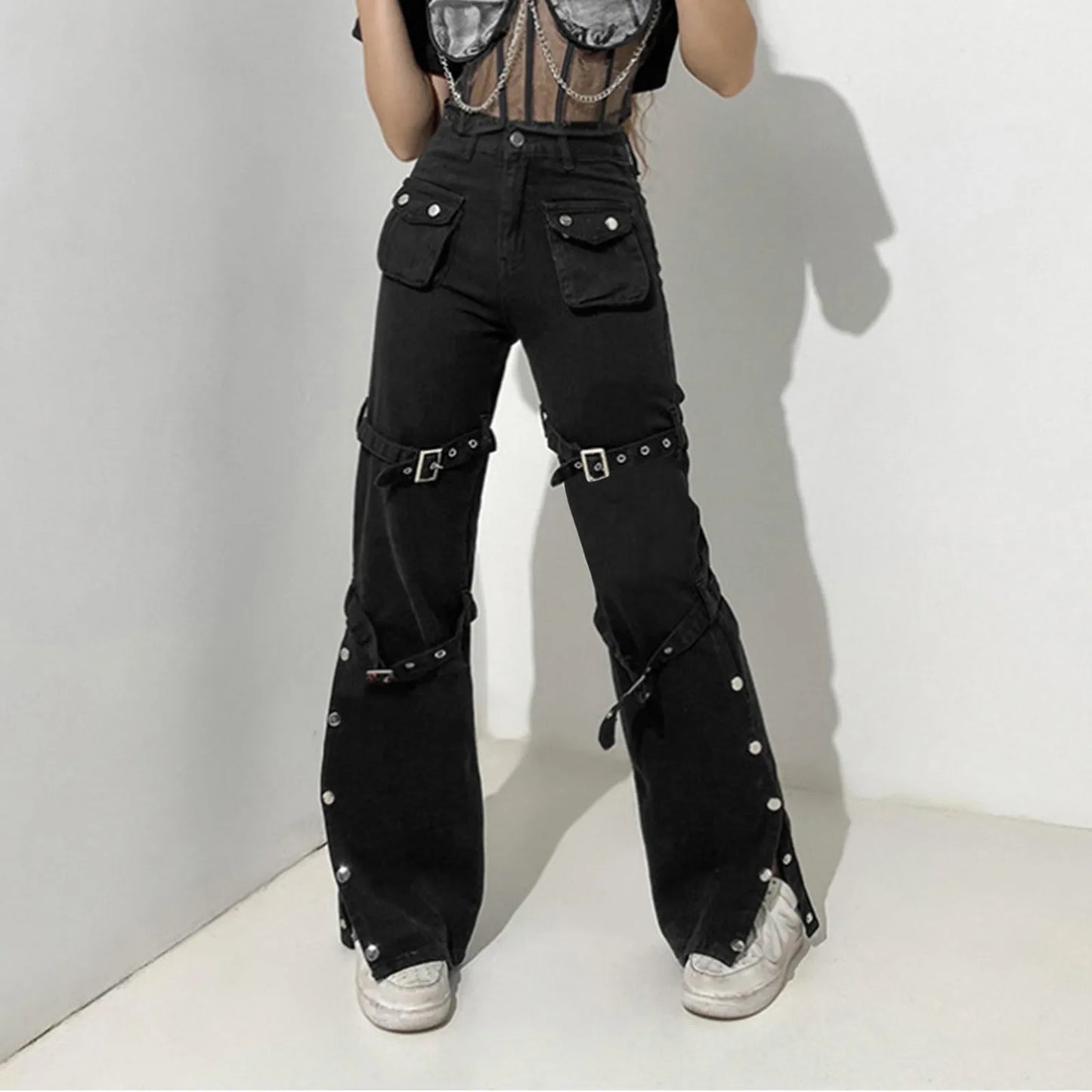 Gothic Punk Style Black Jeans Woman Streetwear Metal Buckle Hem Slit  Flare Pants for Women Y2K Vintage Straight Flared Pants