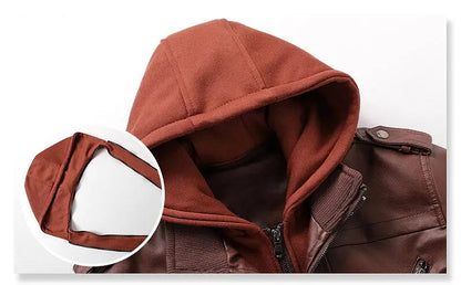 Motorcycle Leather Jacket Hat Detachable Men Hooded Slim Casual Coats