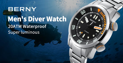 Automatic Dive Watch for Men Super Luminous Original Design 20 ATM Diver Wristwatch Sapphire