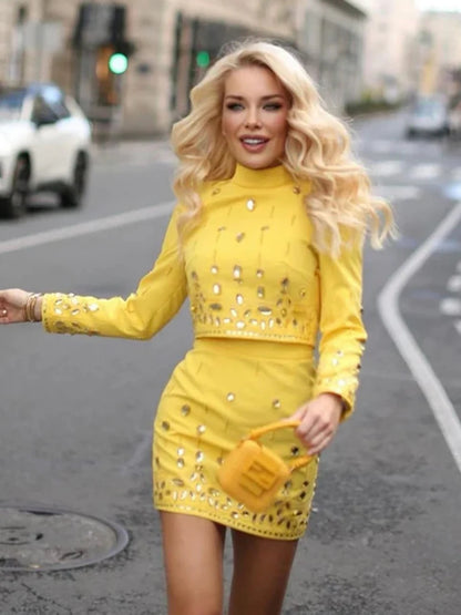 Long Sleeve Short Top and Mini Skirt Suit Outfit, Diamond Beaded Design,High Quality, 2 Pcs Set