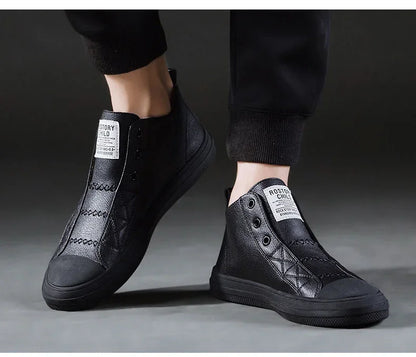 Genuine Leather Shoes Men High top Fashion Sneakers Flat Brand Black White Shoes
