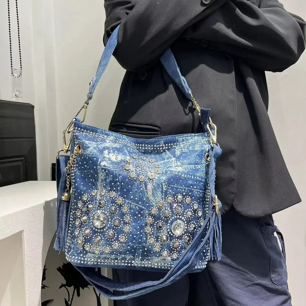 Gradient Diamond Elegant Shoulder Bag Large Capacity Diamond Denim Handbag