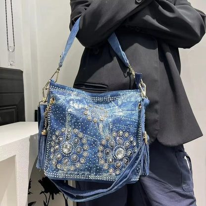 Gradient Diamond Elegant Shoulder Bag Large Capacity Diamond Denim Handbag