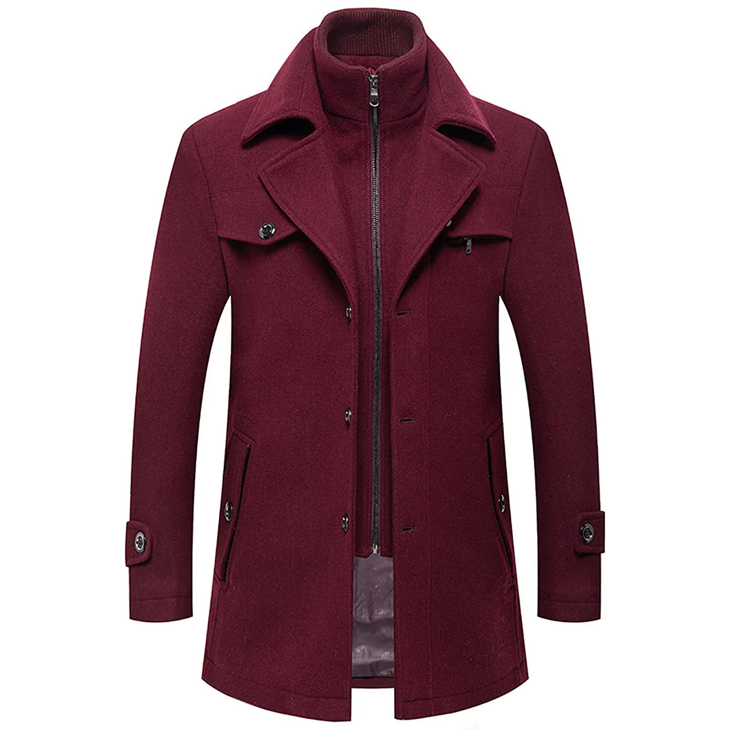 Men's Winter Woolen Overcoat Solid Color Detachable Double Collar Zipper Single-Breasted