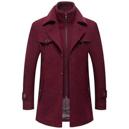 Men's Winter Woolen Overcoat Solid Color Detachable Double Collar Zipper Single-Breasted