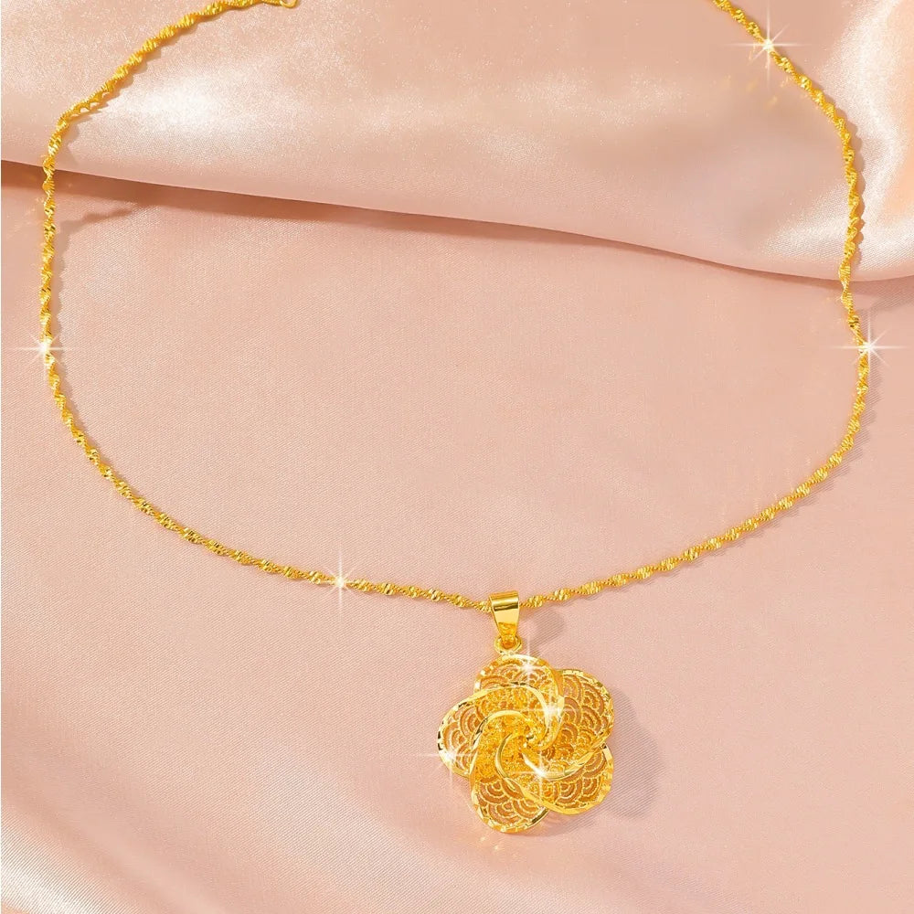 Luxury 24K 9999 Pure Gold real gold Women's Large Hollow Flower Pendant Necklace