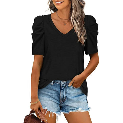 Women's Casual Summer Top Puff Short Sleeve Tee Shirt Cotton Pullover Blouse V-neck Solid Color Loose