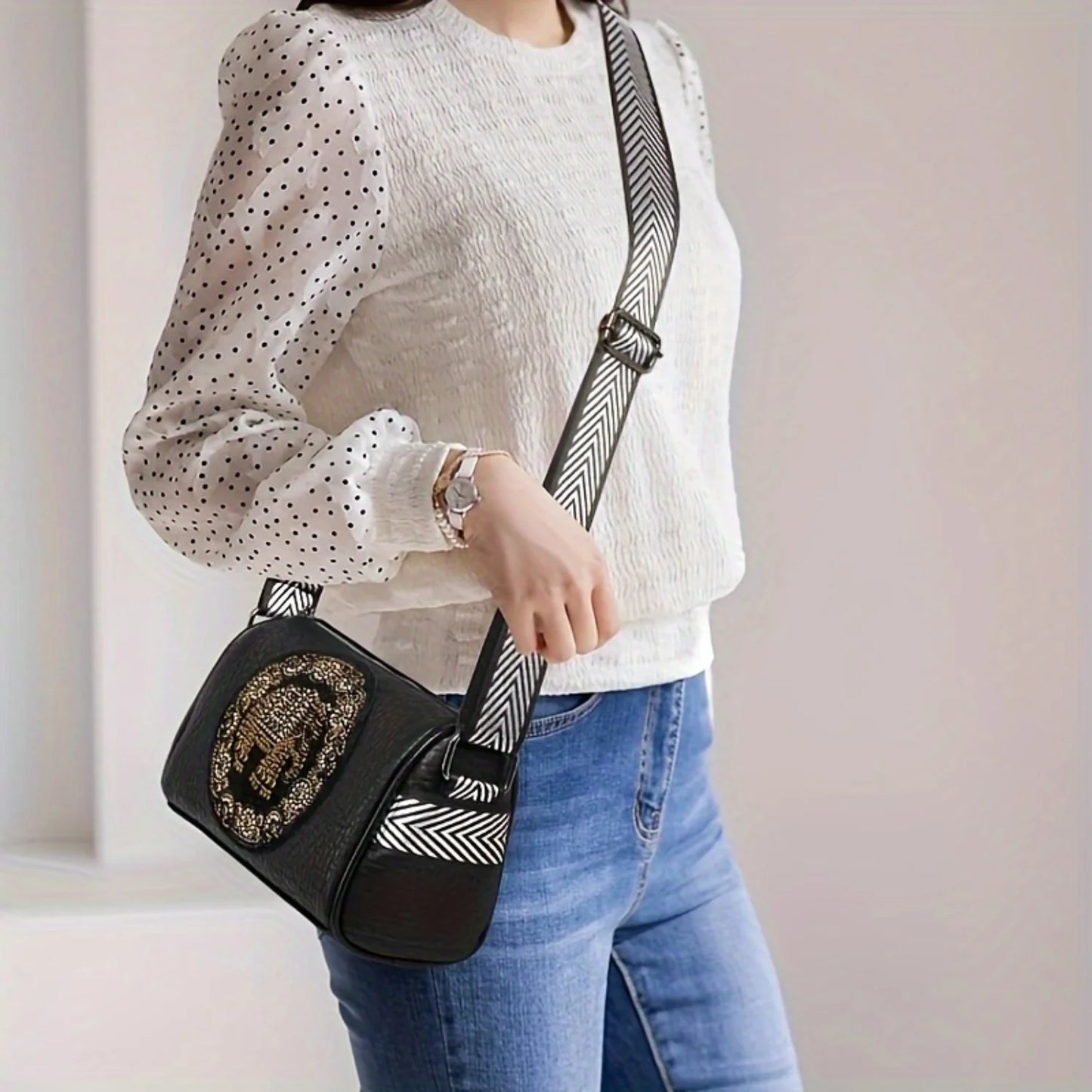 Circle Design Boston Bag, Fashion Shoulder Crossbody Bag Women, Versatile Soft PU Leather Wide Strap