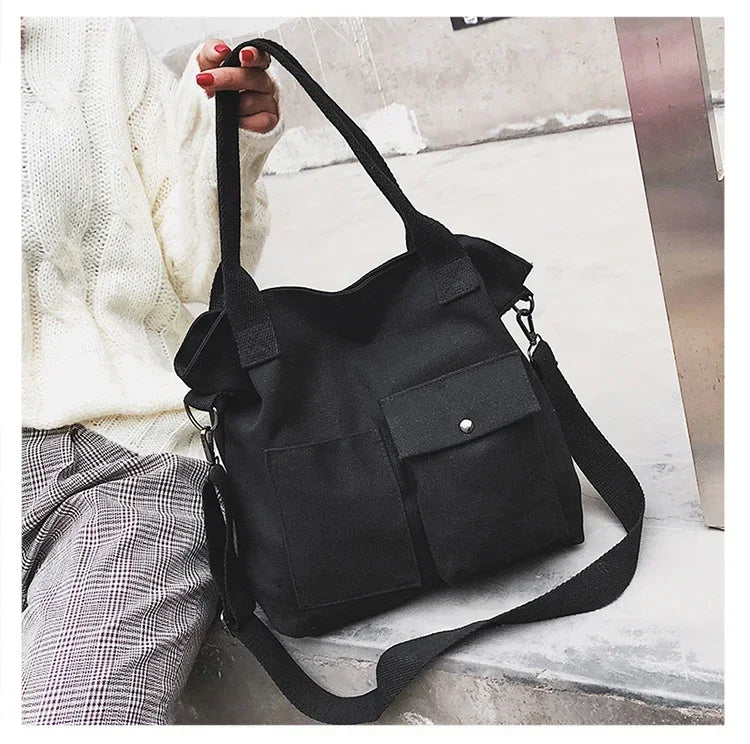 Fashion Canvas Bags Students Handbag Shoulder Bag Large Capacity Solid Color Totes Shopper Bag Casual Female CrossBody 2024
