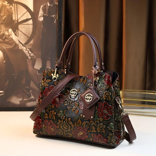 Flower Pattern Handbag, Luxury PU Leather Tote Bag, Fashion Crossbody Bag For Women