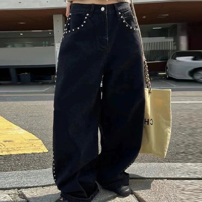 Metal Rivet Wide Leg Jeans Trousers Baggy Low Rise Pockets Denim