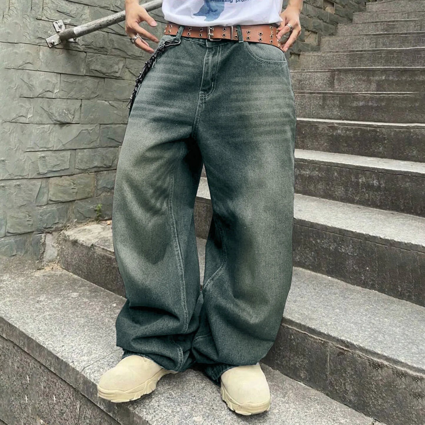 Men Baggy Denim Pants Wide Leg High Waist Loose Plus Size Stylish Streetwear Men's Hip Hop