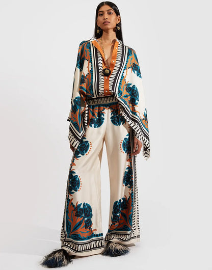 Vintage Print Pants Sets Women Irregular Loose Long Sleeve Shirt Wide Leg Trousers Two Piece Set Female Fashion Trend Streetwear