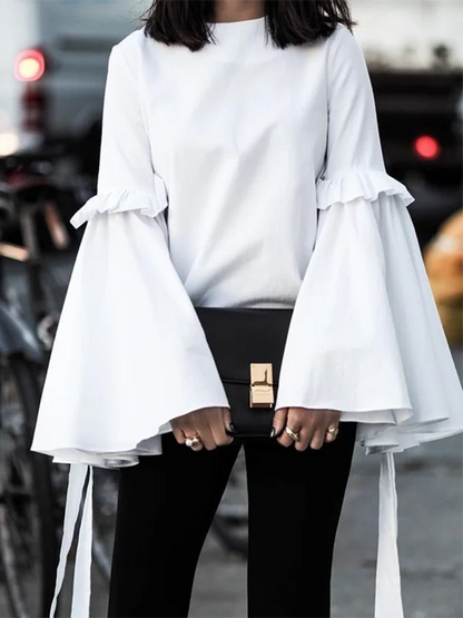 Women's Spring New Solid Color T-shirt Round Neck Split-joint Flared Sleeves Loose Fit Shirt Top